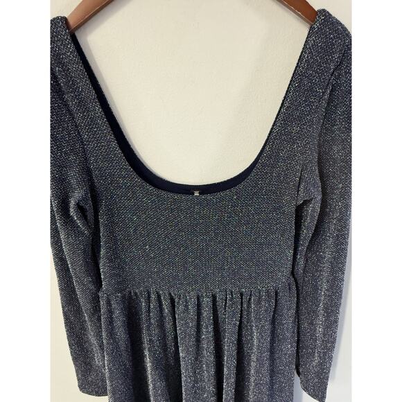Free People Size S Metallic Navy Skater Mini Babydoll Party Dress Long Sleeve - Picture 2 of 11